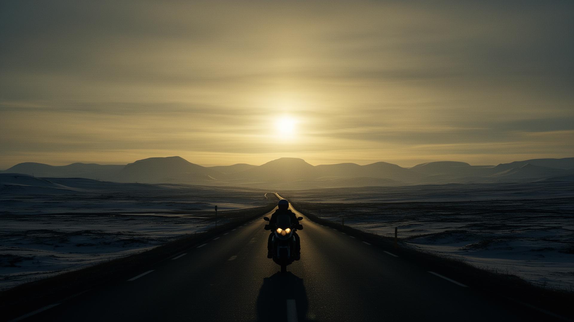 Moto em estrada nórdica sob o sol da meia-noite