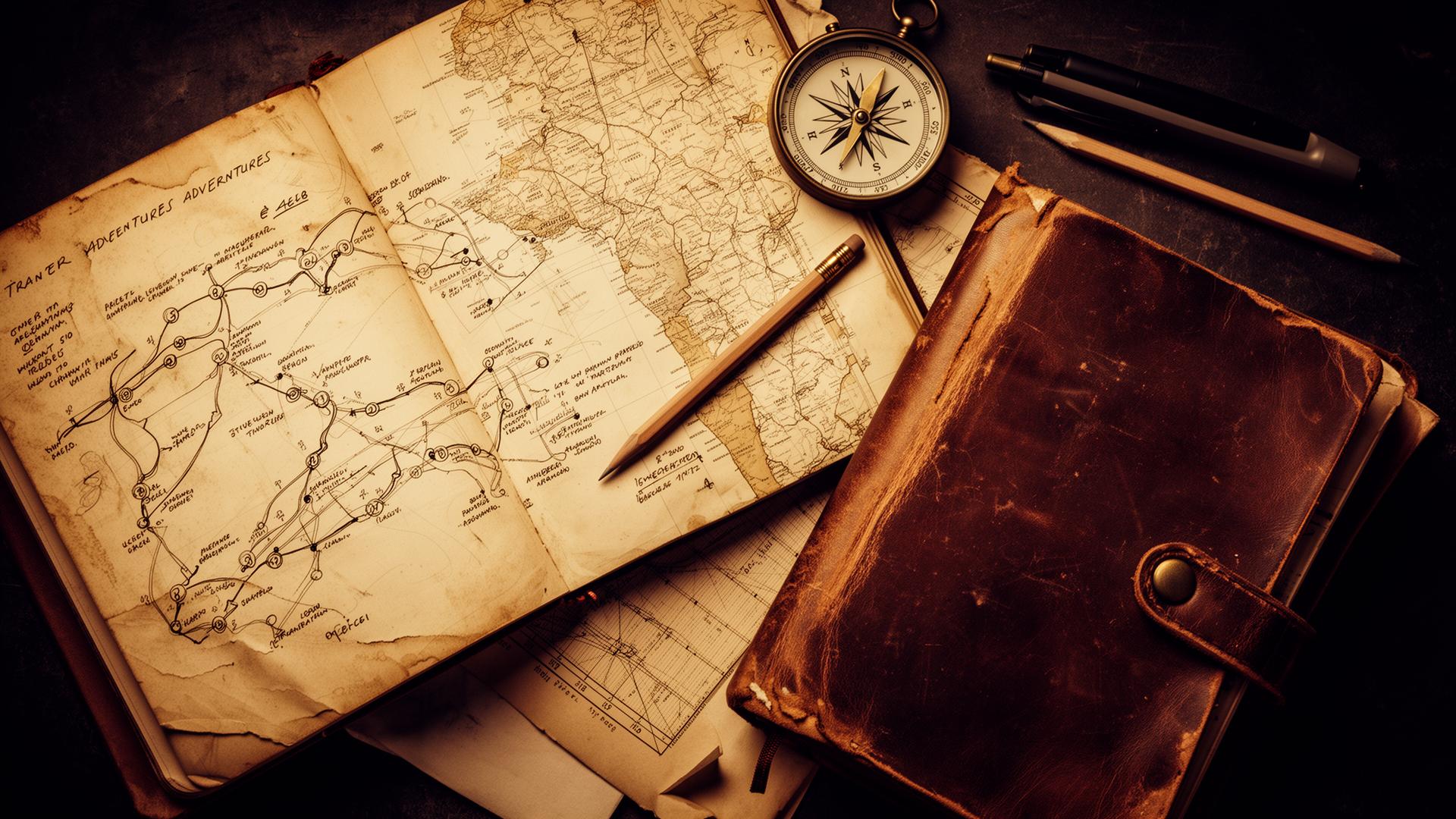 Caderno de planejamento com mapa e bússola